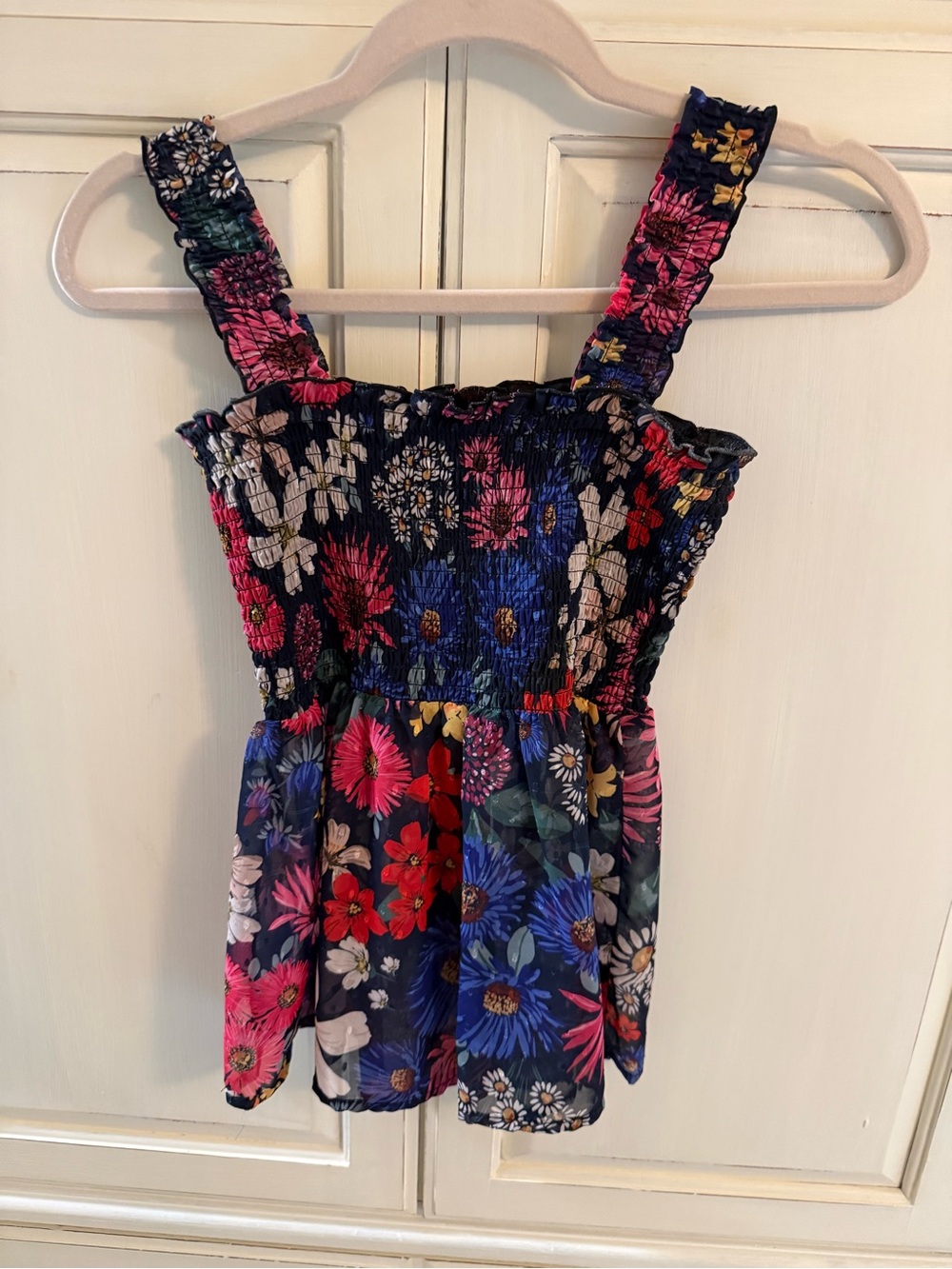 AQUA Floral Smocked Sleeveless Tank Top XS Navy Multicolor